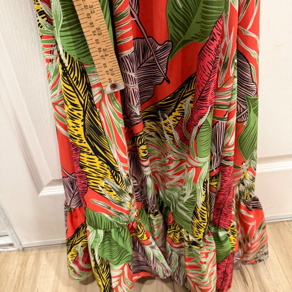 Philthy Tropical Leaf Print Maxi Kimono Robe Ruffle Hem Red Green L/XL - Picture 8 of 8